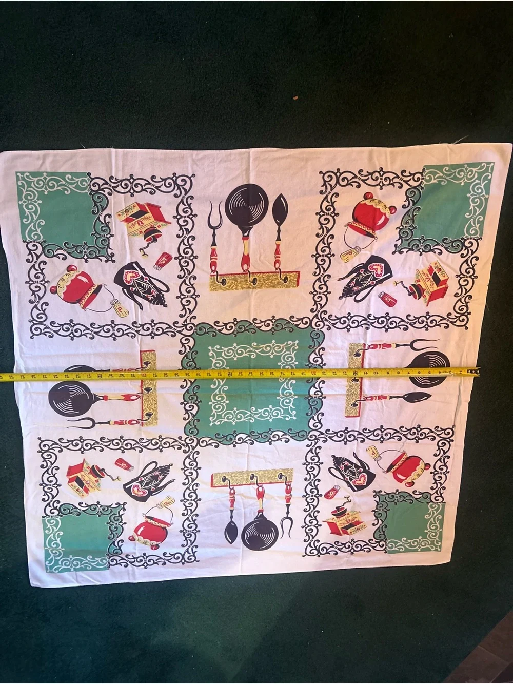 Vintage 1950s Kitsch Kitchen Print Cotton Tablecloth MCM Green Red Novelty